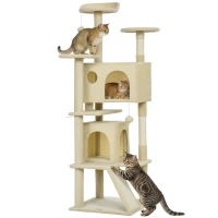 PawHut 63" Cat Tree, Multi-Level Cat Tower with Scratching Posts, Cat Condos, Bed, Platforms, Ramp, Toy Ball, Cream White(m-9)