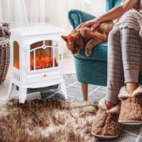 HOMCOM Electric Fireplace Heater Freestanding Fireplace Stove with 3-Side Realistic Flame Overheat Protection 750W/1500W, White(m-10)
