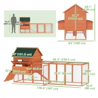 PawHut 137" Wooden Chicken Coop with Chicken Run, Nesting Box, Orange(m-3)