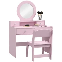 Qaba Kids Vanity Set, Children Makeup Table with Mirror, Stool and Storage Drawers, for Ages 3-8, Pink(m-9)