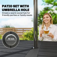 Outsunny Outdoor Dining Set for 6, Faux Wood Metal Patio Table and Mesh Stackable Chairs with Umbrella Hole, Mixed Grey(m-4)