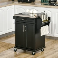 HOMCOM Kitchen Island on Wheels, Rolling Kitchen Cart with Stainless Steel Countertop, Drawer, Towel Rack and Spice Rack, Utility Storage Trolley, Black(m-10)