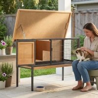 PawHut Rabbit Hutch Elevated Bunny Cage Small Animal Habitat with Metal Frame, No Leak Tray, Metal Wire Pan, Openable Water-Resistant Asphalt Roof for Rabbits, Chickens, Ducks, Indoor/Outdoor Natural(m-9)