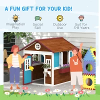 Outsunny Wooden Playhouse for Kids Outdoor with Door, Windows, Planter Pots and Boxes for Toddlers 3-8 Years, Dark Brown(m-6)