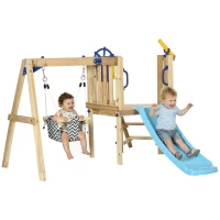 Outsunny Wooden Kids Swing Set with Slide, Swing Seat, Captain's Wheel, Telescope, for Ages 18-48 Months, Natural(m-9)