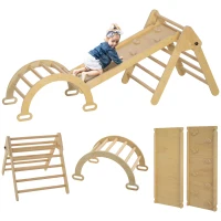 Qaba 5 in 1 Pikler Triangle Set with Ladder, Ramp, Arch, for 18-48 months, Nature Wood(m-9)