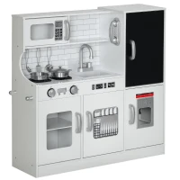 Qaba Pretend Play Kitchen, Kids Kitchen Playset with Play Phone, Chalkboard, Towel Rack & Ice Maker for 3-8 Years White(m-11)