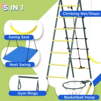 Outsunny Metal Swing Set for Backyard 5 in 1 Design Holds up to 440 lbs. for Ages 3-8, Yellow(m-5)