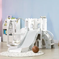 Qaba 6-in-1 Slide and Swing Set Baby Swing Playset Indoor with Basketball Hoop, Climber, Storage Space, Telescope, Grey(m-8)