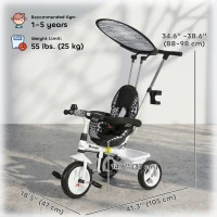 Qaba 6 in 1 Kids Tricycle with Removable Handlebar and Canopy, White(m-3)