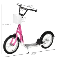 Aosom Youth Scooter, Kick Scooter with Adjustable Handlebars, Double Brakes, 16" Inflatable Rubber Tires, Basket, Cupholder, Pink(m-3)