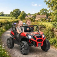 Qaba 2 Seater 24V Electric Car for Kids w/ Remote Control, 3 Speed, LED Lights, Music, Horn, Spring Suspension, Red(m-1)