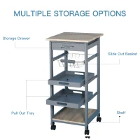 HOMCOM Mobile Kitchen Cart, Rolling Kitchen Island with Storage, Utility Cart with Wire Fruit Baskets, Trays and Drawer, Gray(m-4)