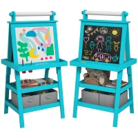 Qaba Double Sided Easel for Kids, Standing Toddler Easel with Paper Roll, Magnetic Whiteboard, Chalkboard & Storage, Blue(m-11)
