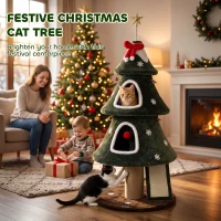 PawHut 52" Christmas Cat Tree, 2-Tier Cat Tower with Dual Condos, Scratching Posts, Sisal Ladder, Anti-Tip Rope(m-4)