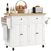 HOMCOM Kitchen Island on Wheels, Rolling Cart with Rubberwood Top, Spice Rack, Towel Rack and Drawers, Cream White(m-11)