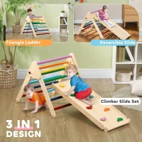 Qaba Pikler Triangle Set, 3 in 1 Climbing Toys with Ramp for Toddlers, Nature Wood(m-4)