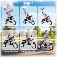 Qaba 6 in 1 Toddler Tricycle Stroller with Basket, Canopy, 5-point Safety Harness, for 12-60 Months, Pink(m-4)
