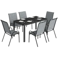 Outsunny Outdoor Dining Set for 6, Faux Wood Metal Patio Table and Mesh Stackable Chairs with Umbrella Hole, Mixed Grey(m-9)