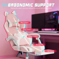 HOMCOM Cute Gaming Chair with Cat Ears, Gamer Computer Chair with Lumbar Support, Footrest, Headrest, Faux Leather, Pink(m-5)