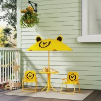 Qaba Kids Picnic Table and Chair Set, Outdoor Activity Table with Foldable Chairs, Height Adjustable Umbrella, Yellow(m-2)