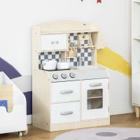 Qaba Kids Wooden Play Kitchen Set, Pretend Cooking Toy with Drawers, Faucet, Sink, Pots, Natural Wood(m-10)