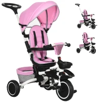 Aosom Tricycle for Toddler 6-in-1 Kids Trike, Foldable Converts Stroller to Baby Push Bike, Adjustable Backrest with Detachable Guardrail & Handle, Brake for 1-4 Years Old, Pink(m-2)