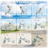 Qaba 9 in 1 Toddler Tricycle with Safety Harness, Adjustable & Removable Parent Handle, Canopy, Storage Bag, Brake, Blue(m-4)