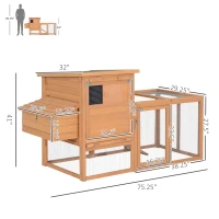 PawHut 75" Wooden Chicken Coop with Nesting Box, Outdoor Hen House with Removable Tray, Ramp, Run, Poultry Cage for Garden Backyard, Natural Wood(m-3)