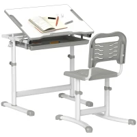 Qaba Height Adjustable Study Table and Chair Set with Drawer, Pen Slot, Tiltable Desktop, Hook, Grey(m-9)