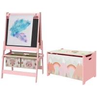 Qaba Toy Box with Lid and Kids Easel with Paper Roll, Blackboard, Whiteboard, Cute Fox Design, for Ages 3-8 Years, Pink(m-11)