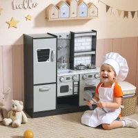 Qaba Play Kitchen for Kids, Pretend Kids Kitchen Playset with Switch Knob Sound, Accessories for Ages 3-8 Years, Dark Brown(m-1)