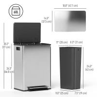 HOMCOM 2 x 30L / 7.9 Gallon Dual Trash Can with Removable Inner Buckets and Handles for Kitchen, Office, Bathroom, Silver(m-3)
