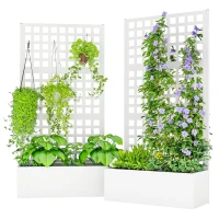 Outsunny Galvanized Raised Garden Bed Planter Box with Trellis for Climbing Plants, Vegetable, Vines, 35" x 16" x 70", White(m-1)