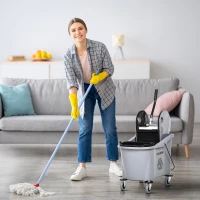 HOMCOM 9.5 Gallon (38 Quart) Mop Bucket with Wringer Cleaning Cart, 4 Moving Wheels, Mop-Handle Holder & 2 Separate Buckets, Gray(m-2)