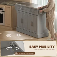 HOMCOM Rolling Kitchen Island Cart with 47" Stainless Steel Top, Portable Island Table for Kitchen with Wheels, Adjustable Shelves, 2 Drawers, Spice, Knife and Towel Rack, Gray(m-8)