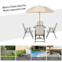 Outsunny 6 Piece Patio Dining Set for 4 with Umbrella, Outdoor Table and Chairs with 4 Folding Dining Chairs & Round Glass Table for Garden, Backyard and Poolside, Beige(m-7)