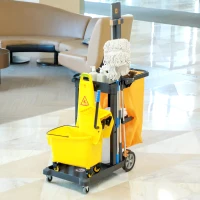 HOMCOM Janitorial Cart with 3 Shelves, Cleaning Cart on Wheels with Rubbish Bag and Mop Holders for Hotel, Housekeeping, Black(m-7)