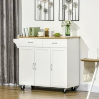 HOMCOM Rolling Kitchen Island Cart on Wheels with Large Bamboo Countertop, 2 Cabinets with Drawers, Adjustable Shelves, White(m-10)