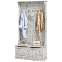 HOMCOM 3-In-1 Entryway Bench with Coat Rack, Hall Tree with Bench and Shoe Storage, 5 Hooks for Hallway Distressed White(m-1)