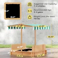 Outsunny Wooden Kids Sandbox with Cover, Children Outdoor Sand Box with Foldable Bench Seats and Adjustable Canopy(m-3)
