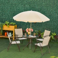 Outsunny 6 Piece Patio Dining Set for 4 with Umbrella, Outdoor Table and Chairs with 4 Folding Dining Chairs & Round Glass Table for Garden, Backyard and Poolside, Beige(m-10)
