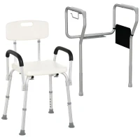 HOMCOM Shower Chair and Toilet Safety Rail Set, Height Adjustable Bath Chair, Width and Height Adjustable Toilet Rail for Seniors, Assist Grab Bar, Easy Installation(m-9)