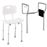 HOMCOM Shower Chair and Toilet Safety Rail Set, Height Adjustable Bath Chair, Width and Height Adjustable Toilet Rail, Assist Grab Bar for Seniors, Easy Installation(m-9)