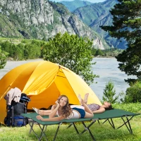 Outsunny 76" Two Person Folding Camping Cot Outdoor Portable Double Cot Wide Military Sleeping Bed w/ Carrying Bag Green(m-8)