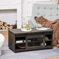 HOMCOM Farmhouse Coffee Table with Storage, Sliding Mesh Barn Door, Industrial Cocktail Table with Adjustable Shelves for Living Room, Dark Brown(m-7)