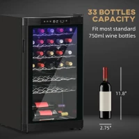 HOMCOM 33 Bottle Wine Cooler, Mini Beverage Fridge, Freestanding Wine Cellar with Digital Temperature Control, 6 Removable Shelves, Glass Door, Alarm Function and LED Lighting, Black(m-17)