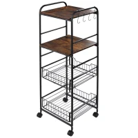 HOMCOM Kitchen Cart with Storage, 16"W Slim Rolling Cart, 4 Tier Kitchen Shelves on Wheels with Side Racks, 2 Basket for Fruit Vegetable, Utility Cart for Narrow Space, Laundry, Rustic Brown(m-15)