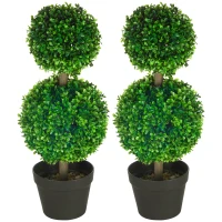 HOMCOM 2 Pcs 23.6" Artificial Boxwood Ball Topiary Tree Set of 2 Fake Plants in Pot with Double Ball-Shaped Leaves Green(m-1)