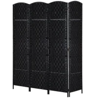 HOMCOM Room Divider 4 Panel, 6FT Tall Folding Privacy Screen, Freestanding Hand-Woven Partition for Room Separation with 360° Hinges, Paper Rope Diamond Weave, Black(m-11)